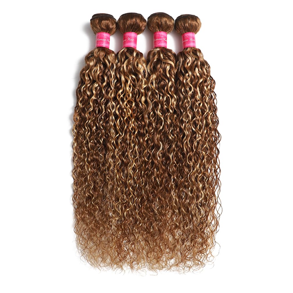 Borchan Highlight Bundles Human Hair Honey Blonde Bundles Water Wave 100% Brazilian Virgin Remy Hair Ombre 4/27 Colored Human Hair for Women 16 18 20 22 Inches Sew In Weave