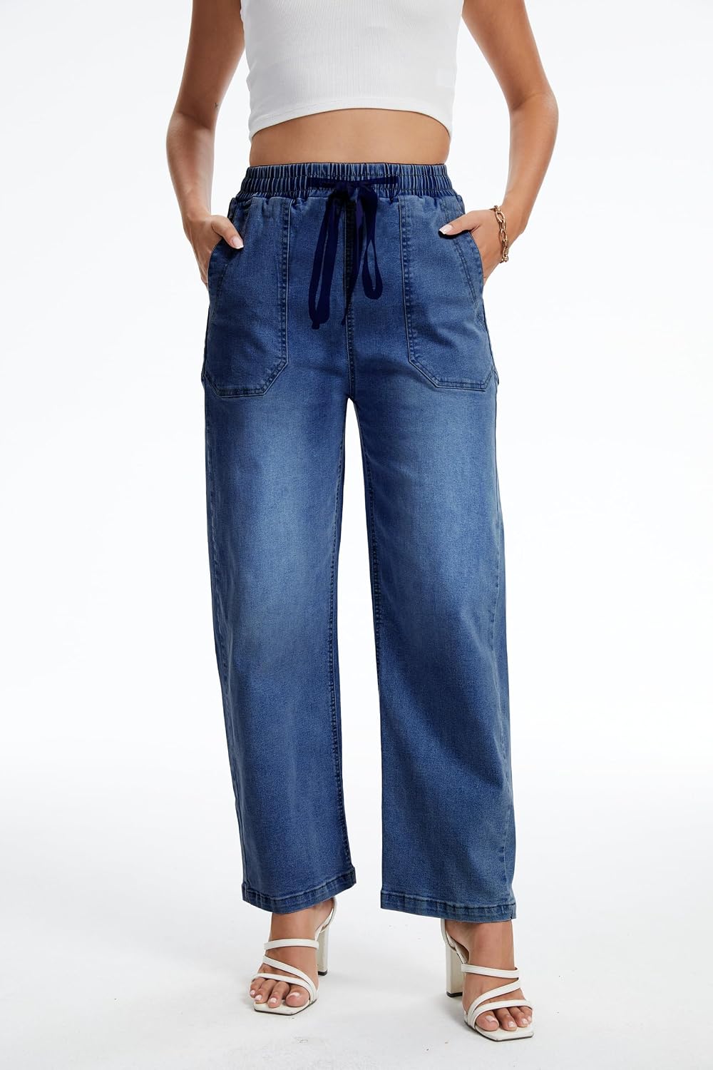 SESERAGI Womens Barrel Stretch Jeans Distressed Drawstring Wide Leg Loose Pull On Denim Jeans Pants