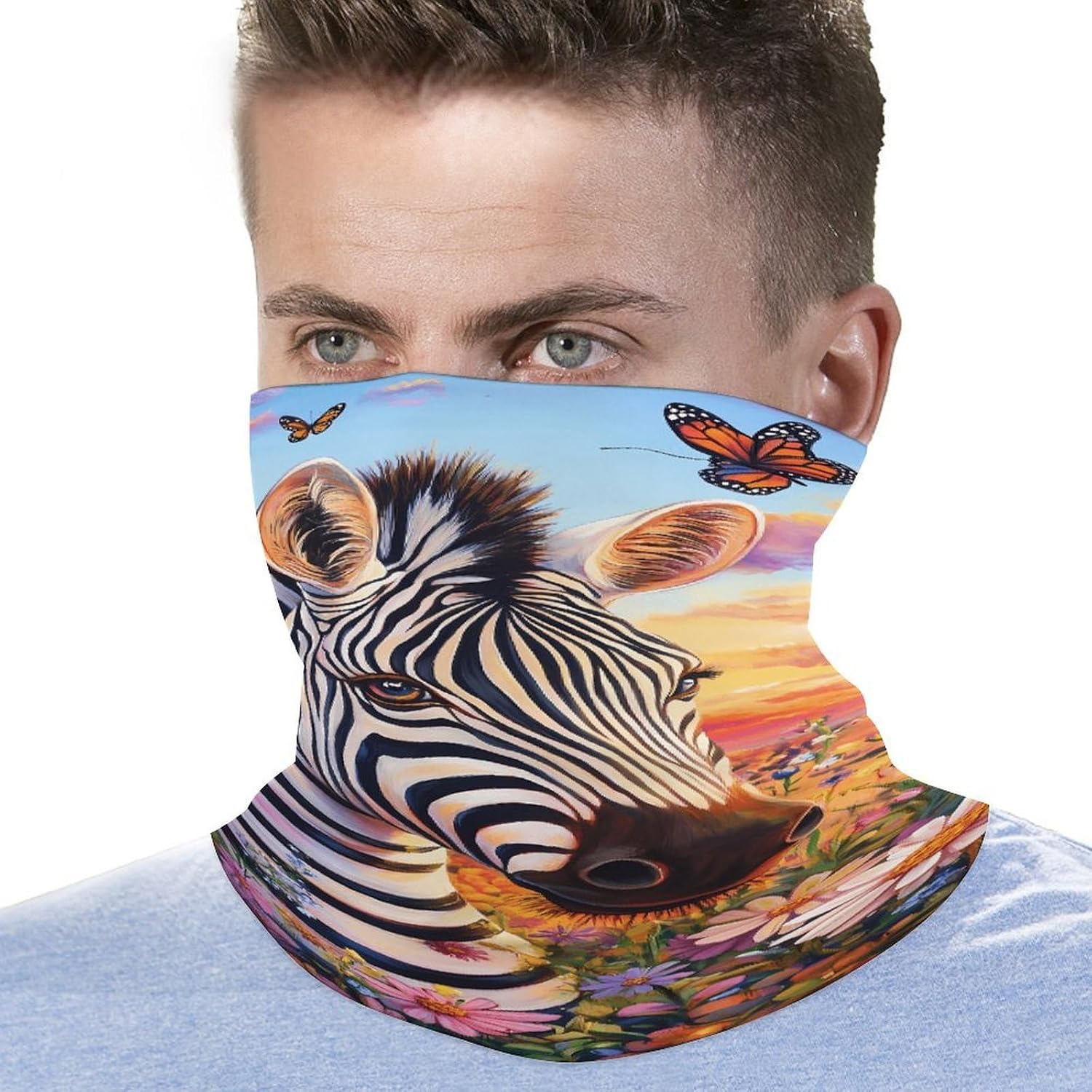 Zebras Butterflys on The Flower Neck Gaiter Windproof Face Mask Bandanas for Men Women Cold Weather Scarf