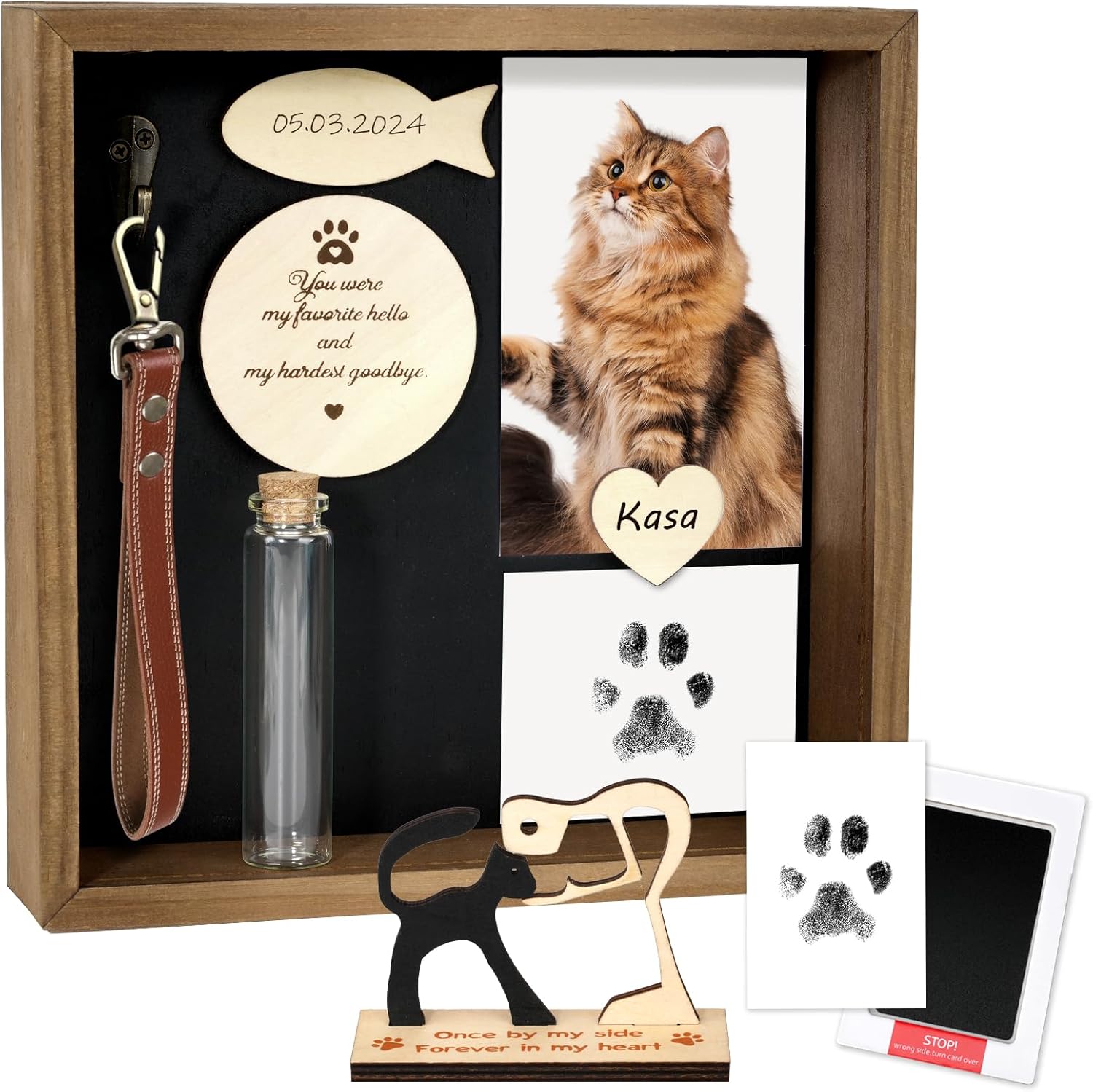 VavoPaw Cat Memorial Gifts for Loss of Cat, Pet Memorial Gifts for Cats, 8.6'' Shadow Box with Wooden Sculptures, Fur Jar, Sympathy Gift for Tabletop Display & Wall Hanging