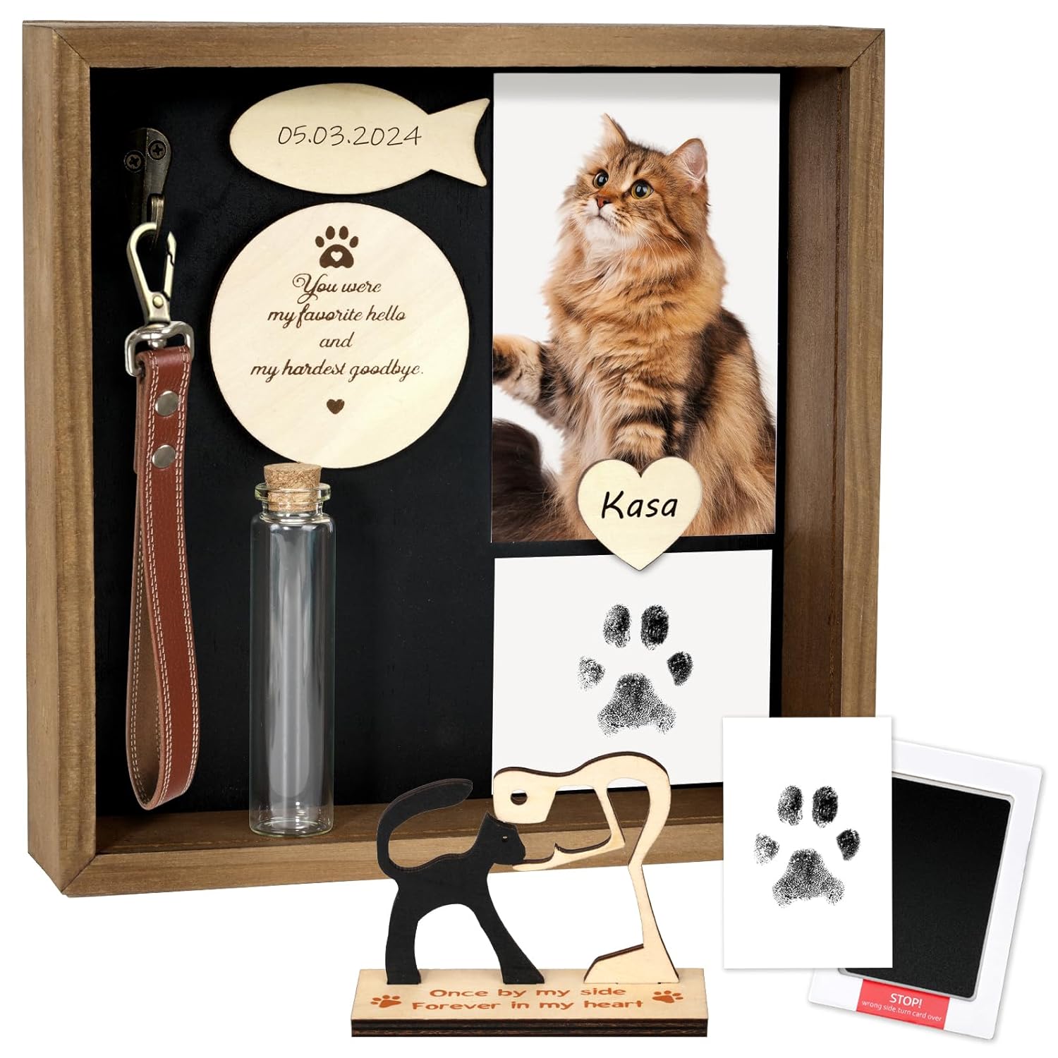 VavoPaw Cat Memorial Gifts for Loss of Cat, Pet Memorial Gifts for Cats, 8.6'' Shadow Box with Wooden Sculptures, Fur Jar, Sympathy Gift for Tabletop Display & Wall Hanging