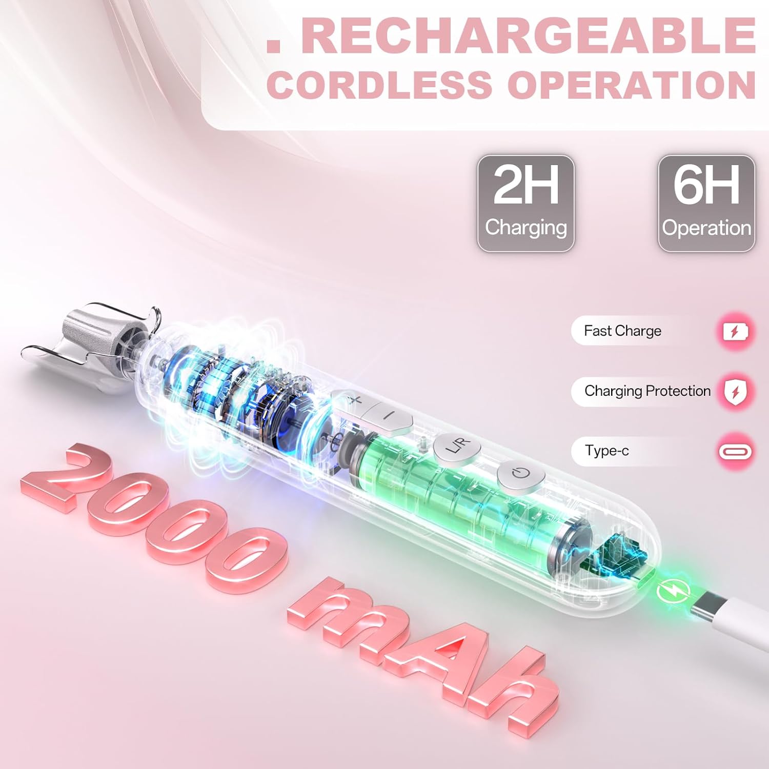 Electric Nail File Drill, Cordless 2000 mAh Rechargeable Nail Filer Electric, Portable Nail Dril Machine Drill for Nails Acrylic Manicure and Thick Toenails Buffer Grinder Care Professional (Pink)