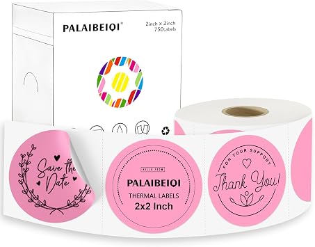 2x2 Inch Round Thermal Labels,Circle Thermal Printer Stickers,750pcs Water Oil Resistant Self-Adhesive Stickers for Business,Envelope Seal,Name Tag,DIY Logo,Code,Pink