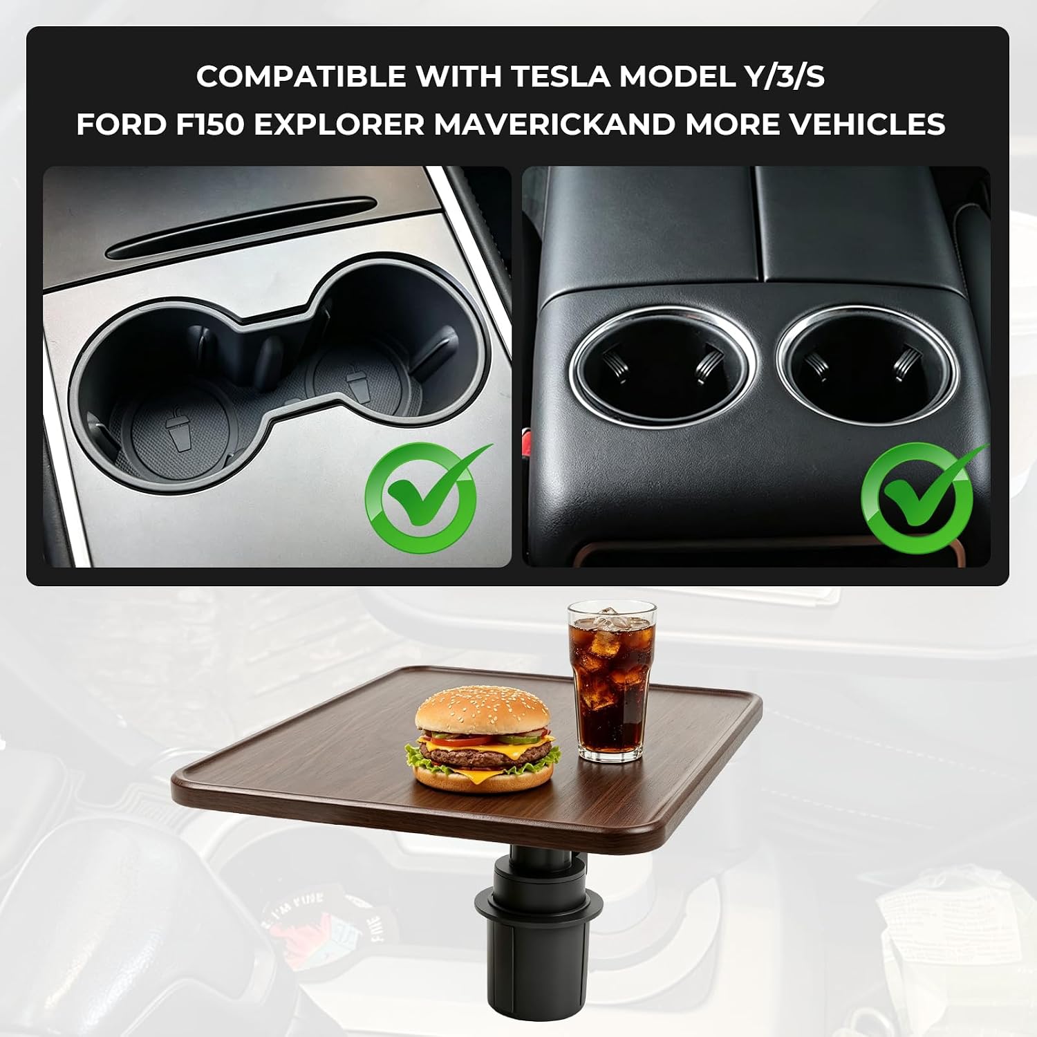 Car Wooden Food Tray Table Laptop Desk Cup Holder Table Drive Thru Tray with 360° Rotation Adjustment Compatible with Ford F150 Explorer Maverick fit for Tesla Model Y/3/S for Most Vehicles