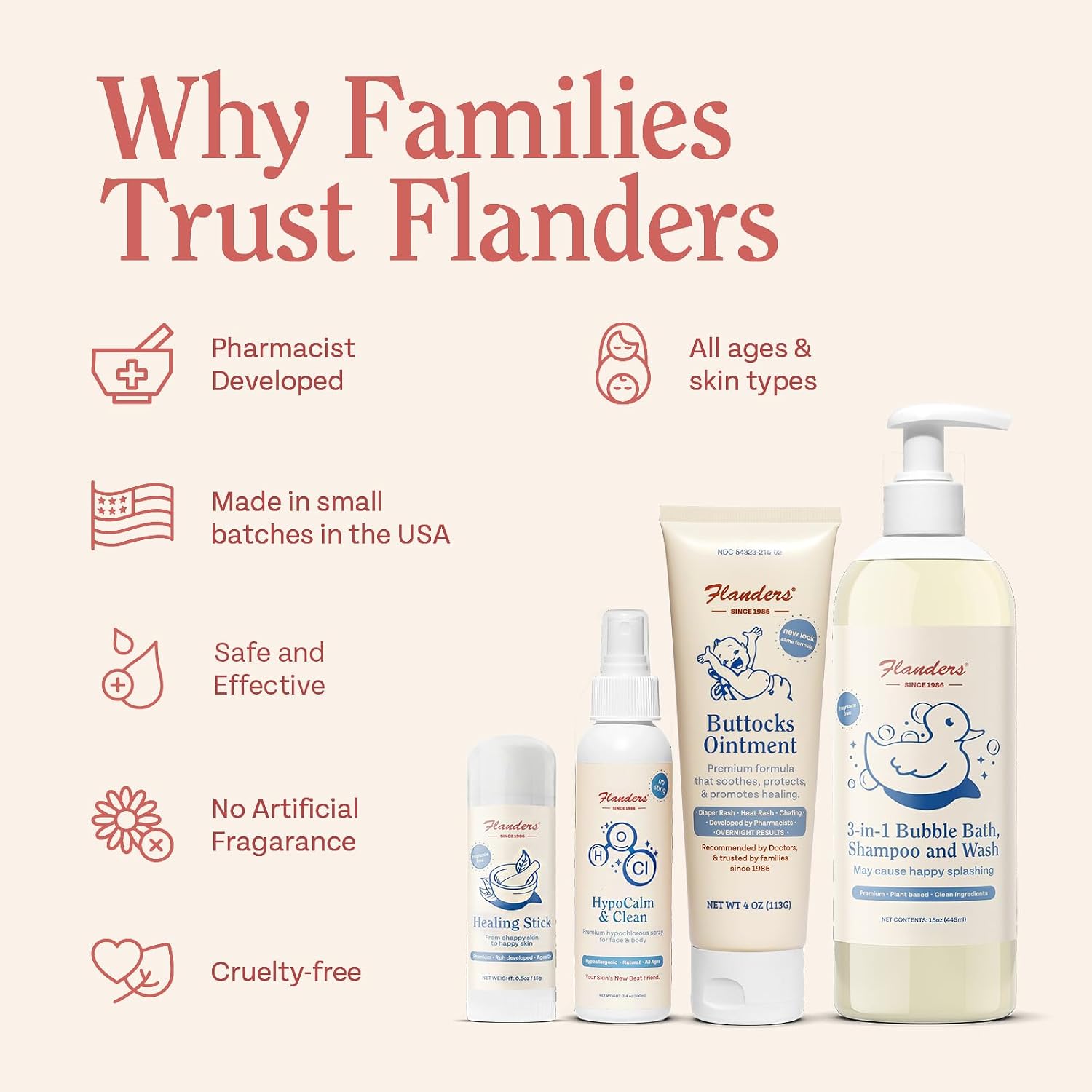 Flanders 3-in-1 Baby Bubble Bath, Shampoo & Body Wash 15oz Bottles with Pump | Tear-Free, Hypoallergenic Cleanser with Jojoba, Coconut & Argan Oil, Fragrance Free for Sensitive Skin