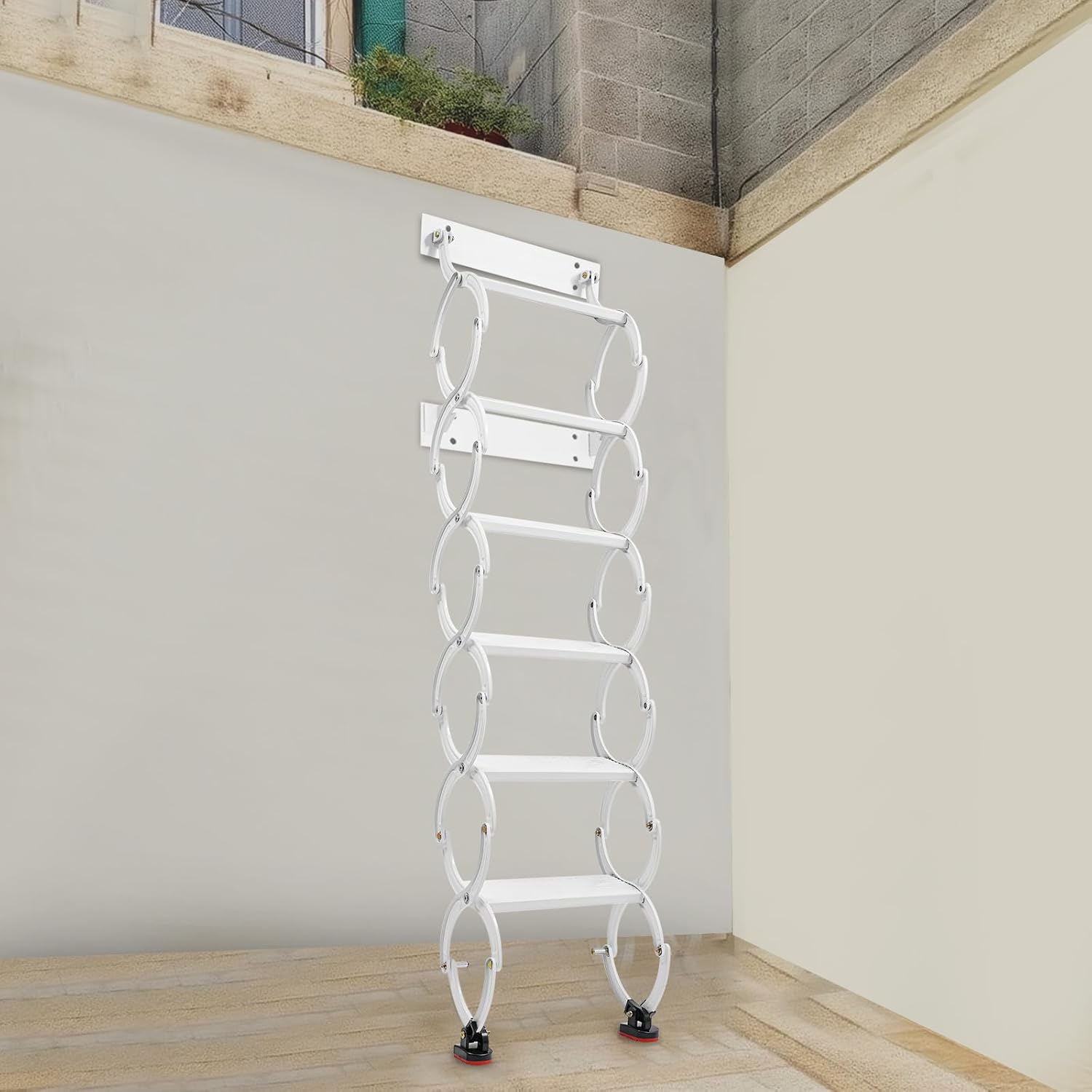 6 Steps Wall Mounted Attic Ladder, Metal Indoor Stairs Pull Down Telescoping System, Anti-Slip Retractable Folding Stair, Loft Extension Steps Staircase for Garages