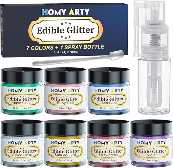 HOMY ARTY Edible Glitter Spray for Cakes 7 Colours x 4g, Luster Dust