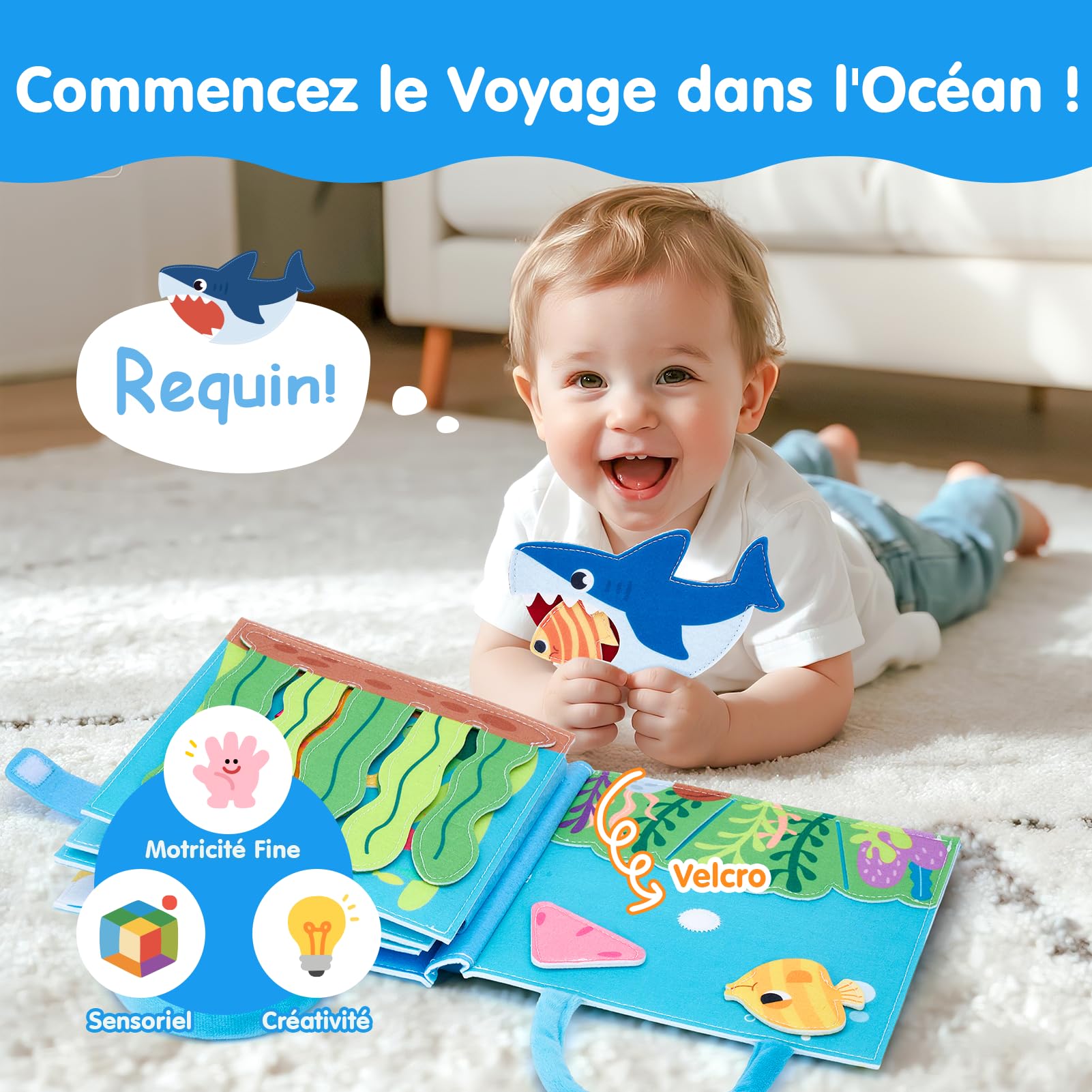hahaland Jouet Bebe 1 an Busy Board Montessori - 15 en 1 Tableau d'Éveil Animaux Marins - Jeux Motricité Fine Enfant 12 Mois - Livre Feutre Portable Voyage - Cadeau Éducatif Bébé 1 2 3 Ans