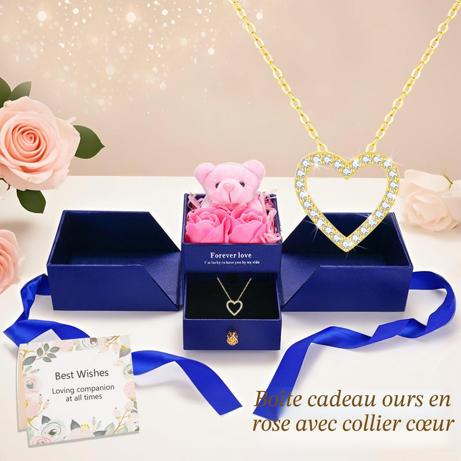Cadeau pour Femme Rose Éternelle Fleurs Ours Boite avec Collier Coeur Idées Cadeaux Saint-Valentin Fête des Mères Noël Anniversaire de Mariage pour Elle Maman Petite Amie