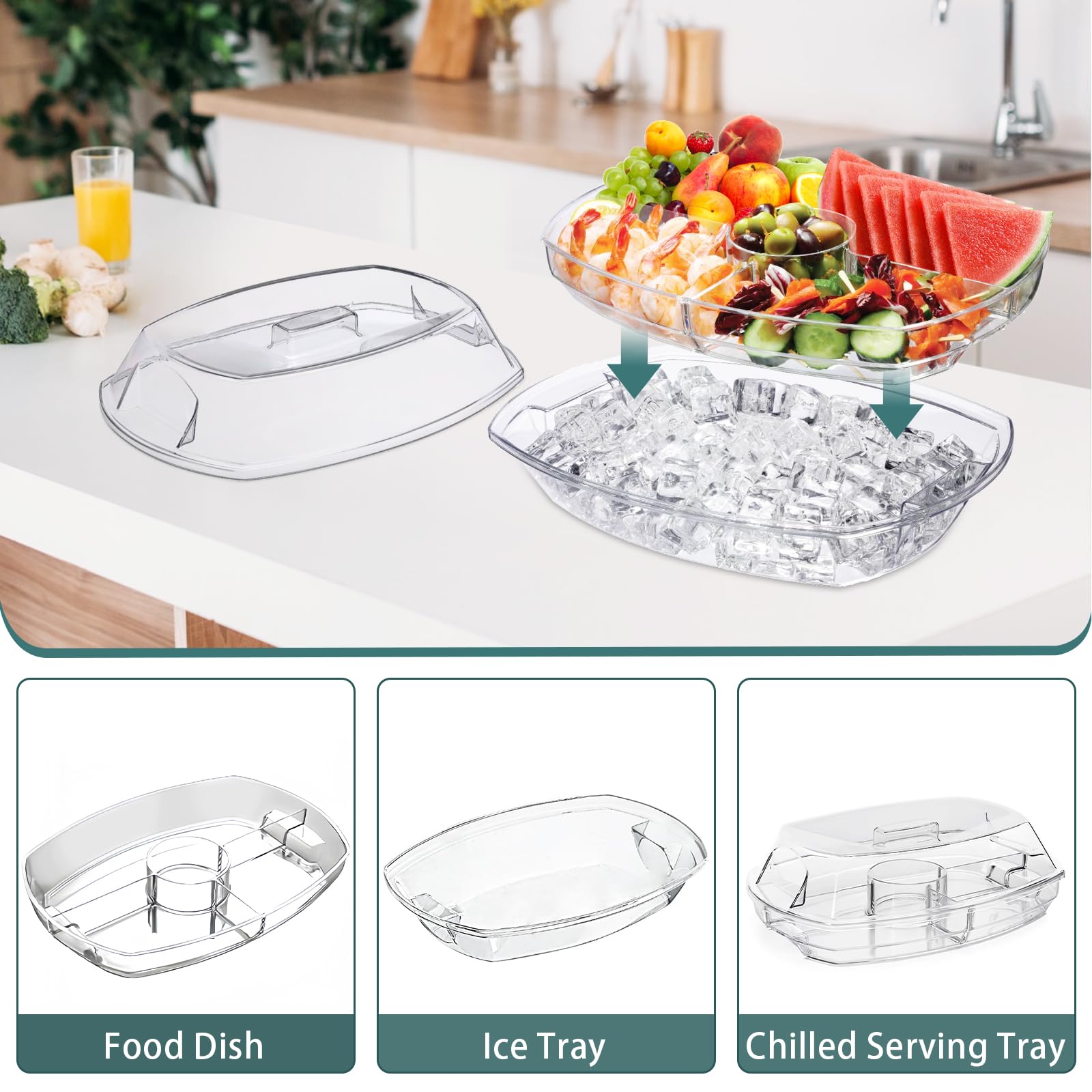 Platos y bandejas para servir refrigerados para entretenimiento, bandeja de verduras frías con tapa, platos y bandejas para servir hielo en frío, bandeja para aperitivos de frutas que mantiene la