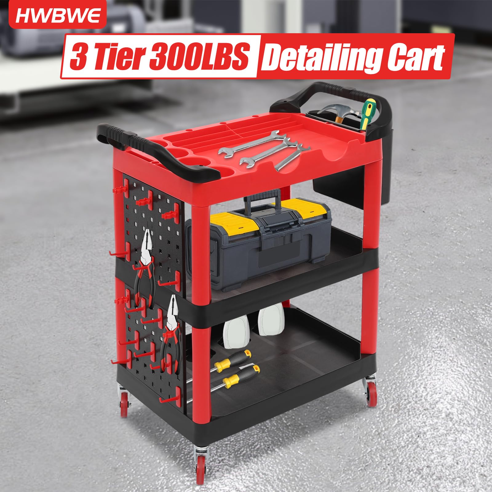 Auto Detailing Cart with Wheels, 3 Tier Rolling Detail Cart with Hooks & Tool Basket for Detailers Garage, Workshop, Repair Shop, Home