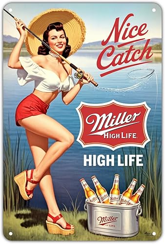 High Life Beer Pin Up Girl Fishing tin sign Vintage Beer Advertisement Metal Sign Print Aesthetic for Garden Yard Bar Porch Home Bedroom Kitchen