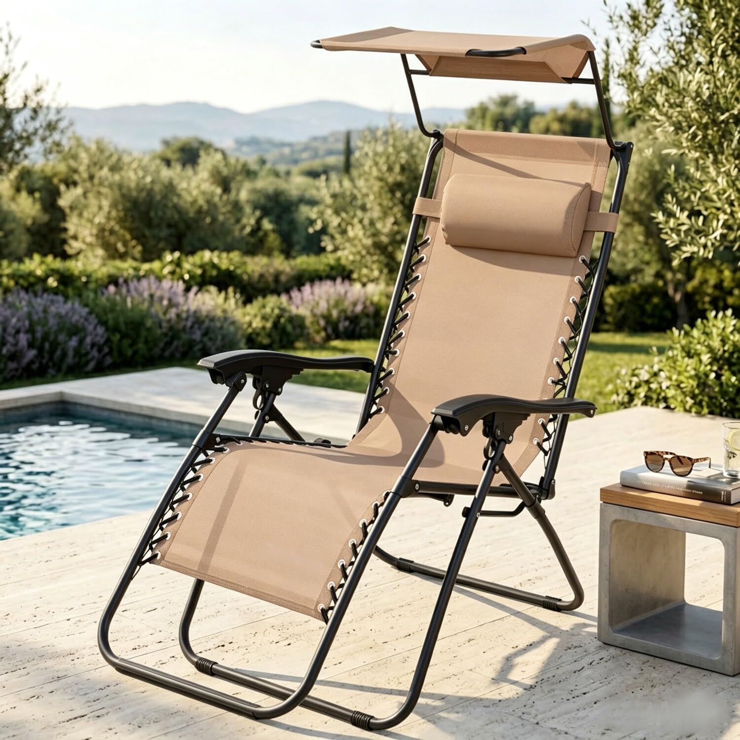 Todeco Transat de Jardin Pliable avec Pare-Soleil, Chaise Longue Inclinable Multiposition, Bain de Soleil Relax en Textilène Respirant avec Repose-Tête et Accoudoirs, pour Plage, Camping, Kaki