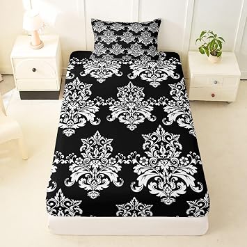 Castle Fairy Damask Adults Fitted Sheet Twin Size,Vintage Floral Exotic Bed Sheet for Kids Girls Antique Victorian Bed Cover with 1 PillowcaseNo Top Flat,Black White