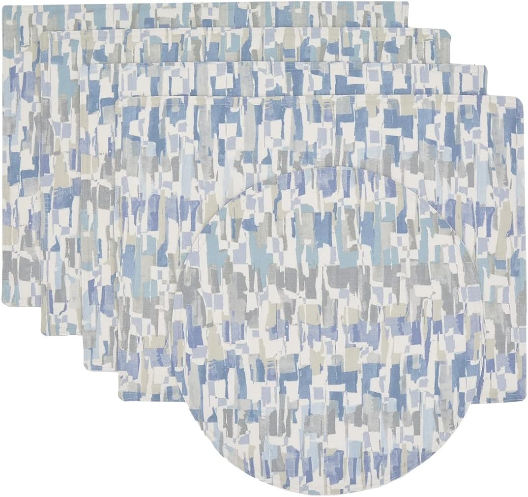 Sweet Pea Linens Britto Clearwater Blue Print Rectangle Placemats - Set of Four Plus Center Round-Charger