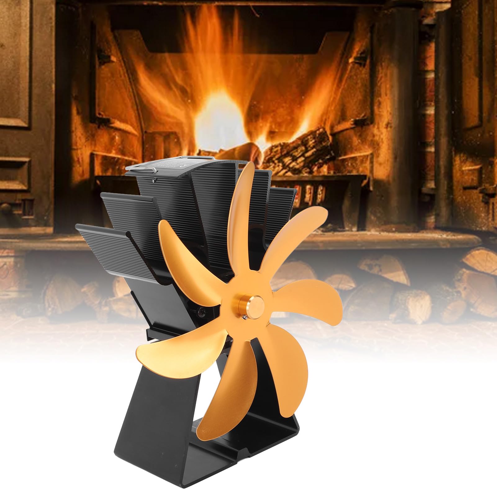 mingzhe Ventilatore per Stufa Alimentato a Calore a 7 Pale Funzionamento Silenzioso Ecologico per Caminetti Domestici Design Compatto in Lega di Alluminio (Oro)