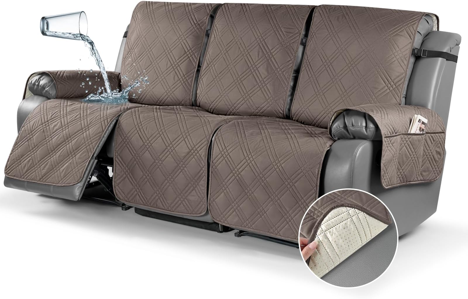 TAOCOCO 100% Waterproof Recliner Sofa Cover Non-Slip Split Sofa Slipcover, Washable Reclining Sofa Cover Recliner Furniture Protector with Elastic Straps Pocket for Kids, Dogs, Pets(3 Seater, Taupe)