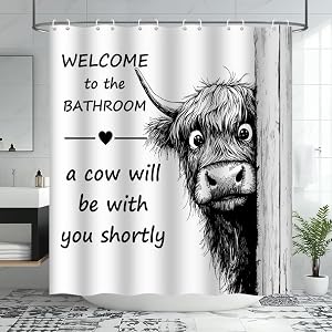 Funny Cow Shower Curtain Western Highland Cow Black White Farmhouse Farm Animal Bull Cattle Cute Fun Rustic Fabric Bathroom Decor Curtain with Hooks, 70Wx70H