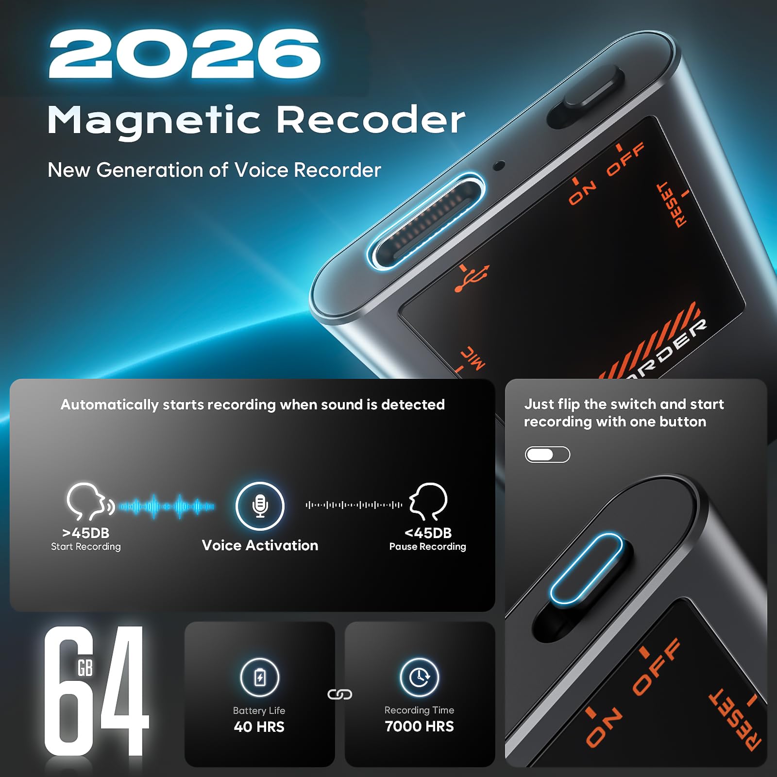 Registratore vocale magnetico (7000 ore) con cancellazione del rumore DSP 5.0-AI, dispositivo di registrazione portatile da 64 GB, registratore vocale con riproduzione per lavoro, riunioni, lezioni