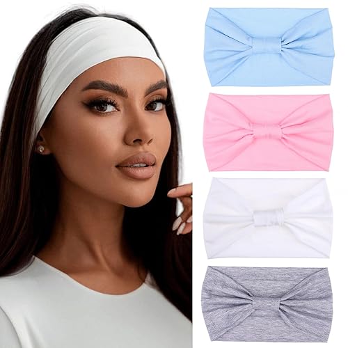 Miniatura 22 de XTREND 4 paquetes de diademas anchas de moda estilo bohemio elásticas anudadas antideslizantes negras para mujer para deportes al aire libre yoga