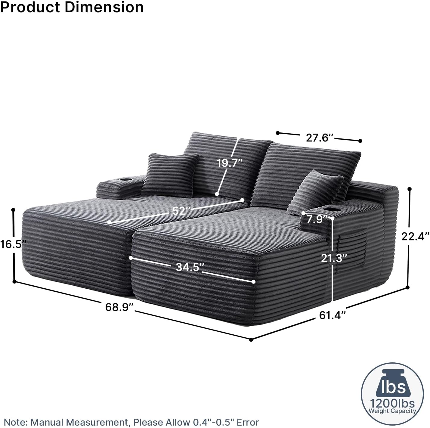 69" Dark Grey Oversized Boneless Sofa Bed Plush Corduroy Sectional Couch No Assembly
