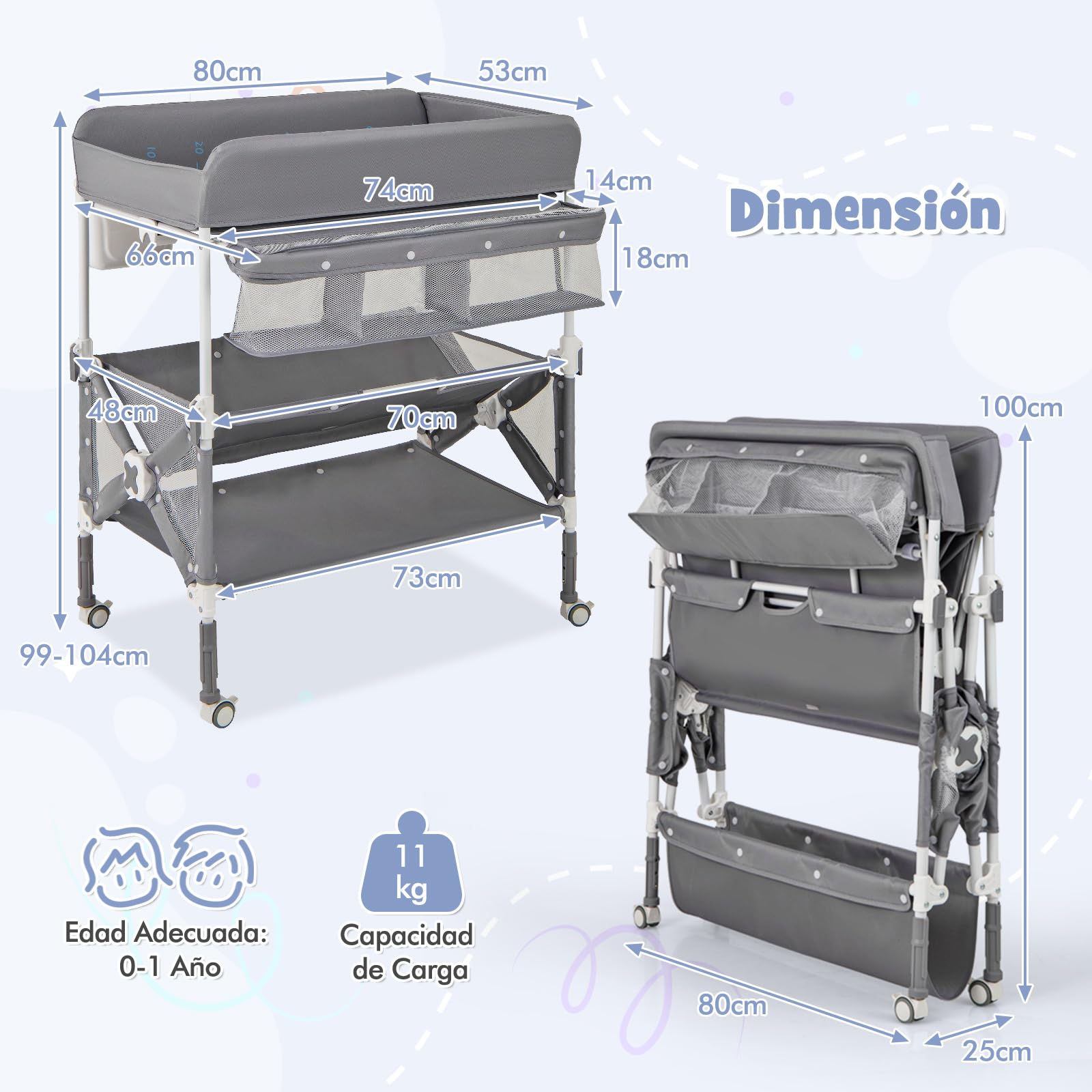 GOPLUS Cambiador Portátil para Bebés, Centro para Cuidado Infantil con Altura Ajustable, Cubierta Impermeable, Estantes y Papelera, Estación Plegable para Pañales con Ruedas (Gris)