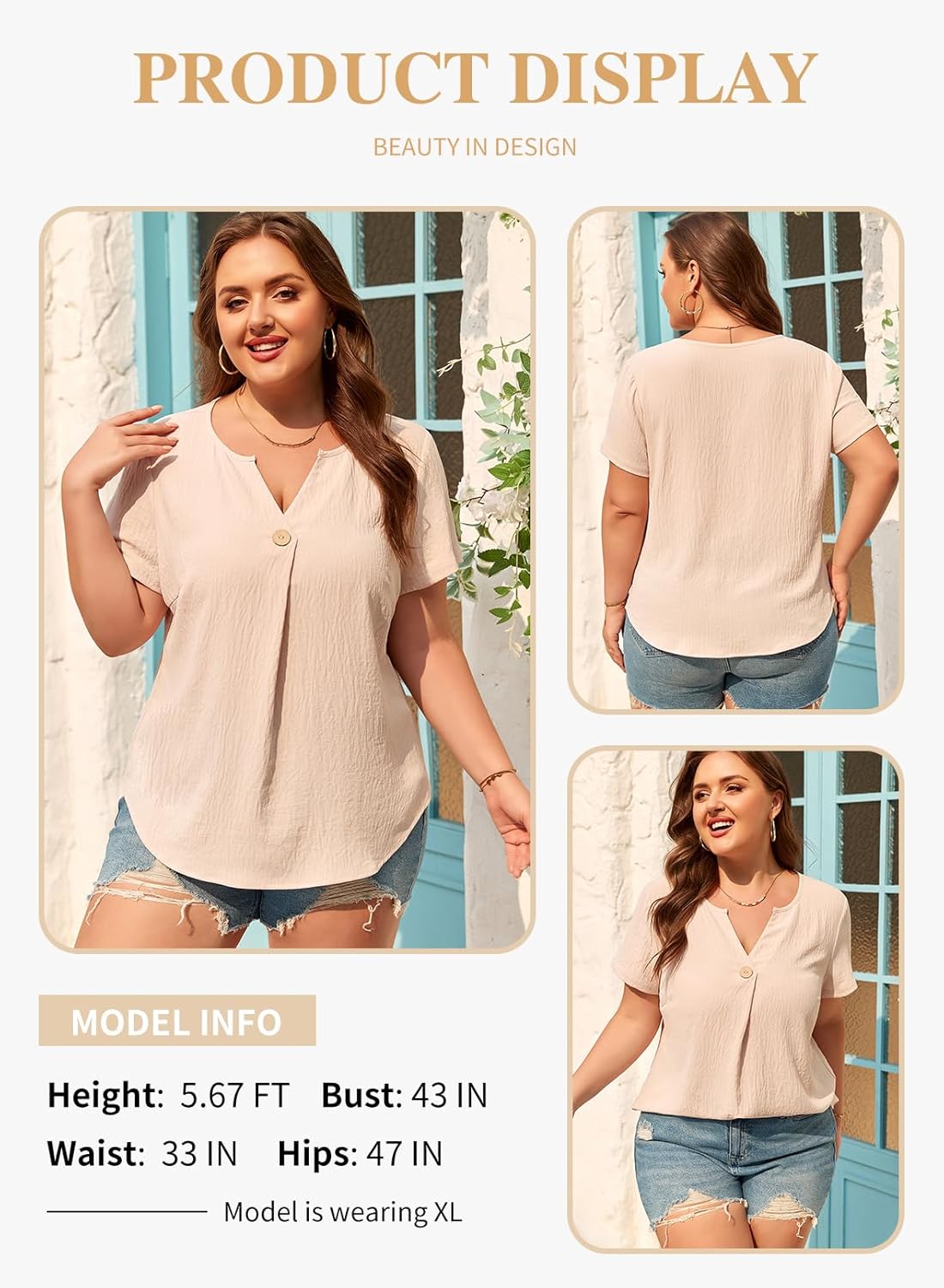 Eytino Plus Size Tops for Women V Neck Short Sleeve Button Down Pleated Loose Casual Summer Blouses Shirts(1X-5X) - Image 3