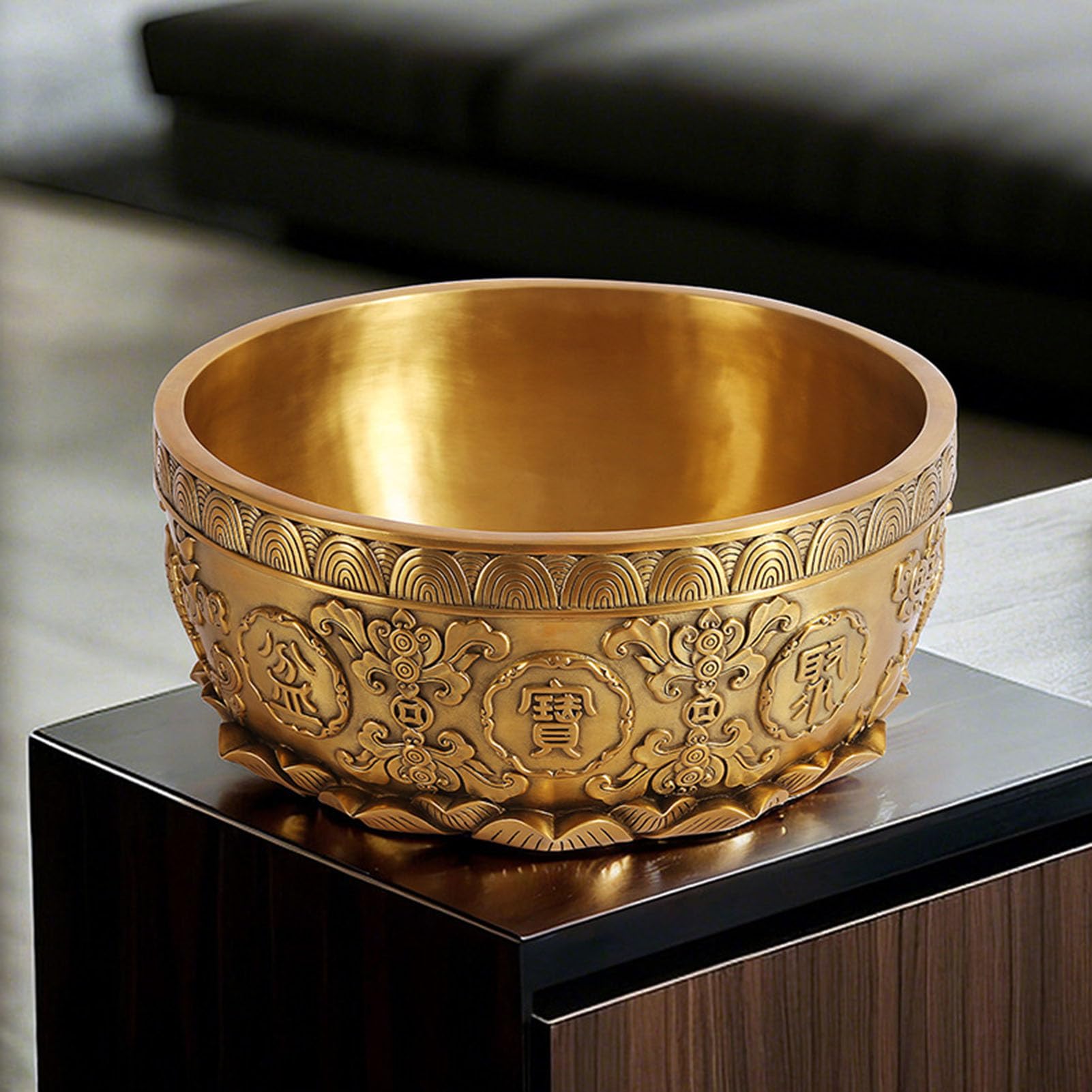 Ręcznie robiona miska na skarby Feng Shui z mosiądzu lub miedzi - symbol obfitości bogactwa z grawerowanymi detalami do dekoracji i ekspozycji ołtarza na biurku w domu,Yellow,S