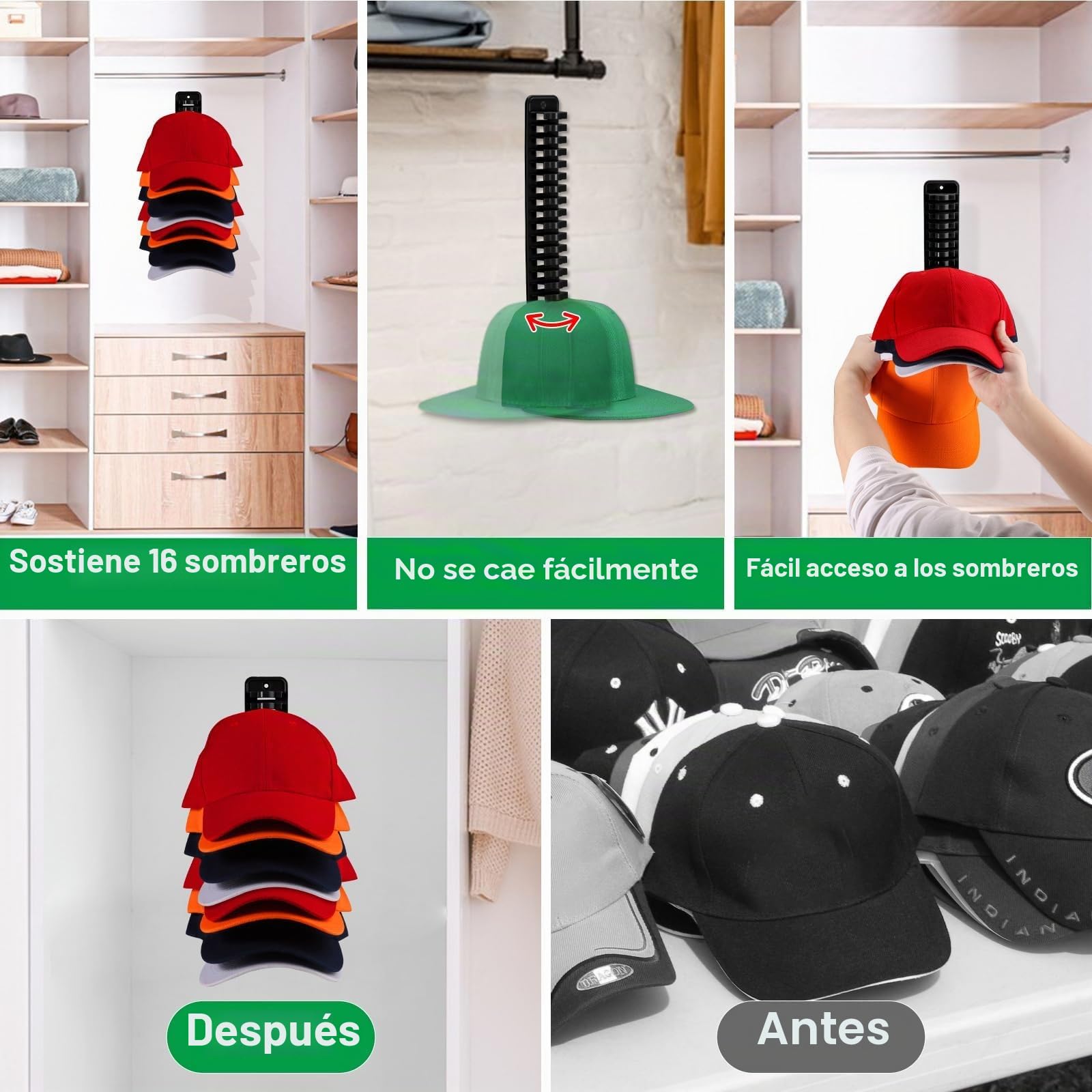 Perchero Organizador de Gorras para Pared o Puerta - 1 Paquete con Capacidad para 16 Unidades - Instalación con Gancho Adhesivo o Taladro, Negro
