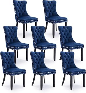 JETEAGO Velvet Dining Chair Set of 8, Upholstered Tufted Dining Room Chair with Nailhead Trim and Solid Wood Leg for Kitchen, Blue