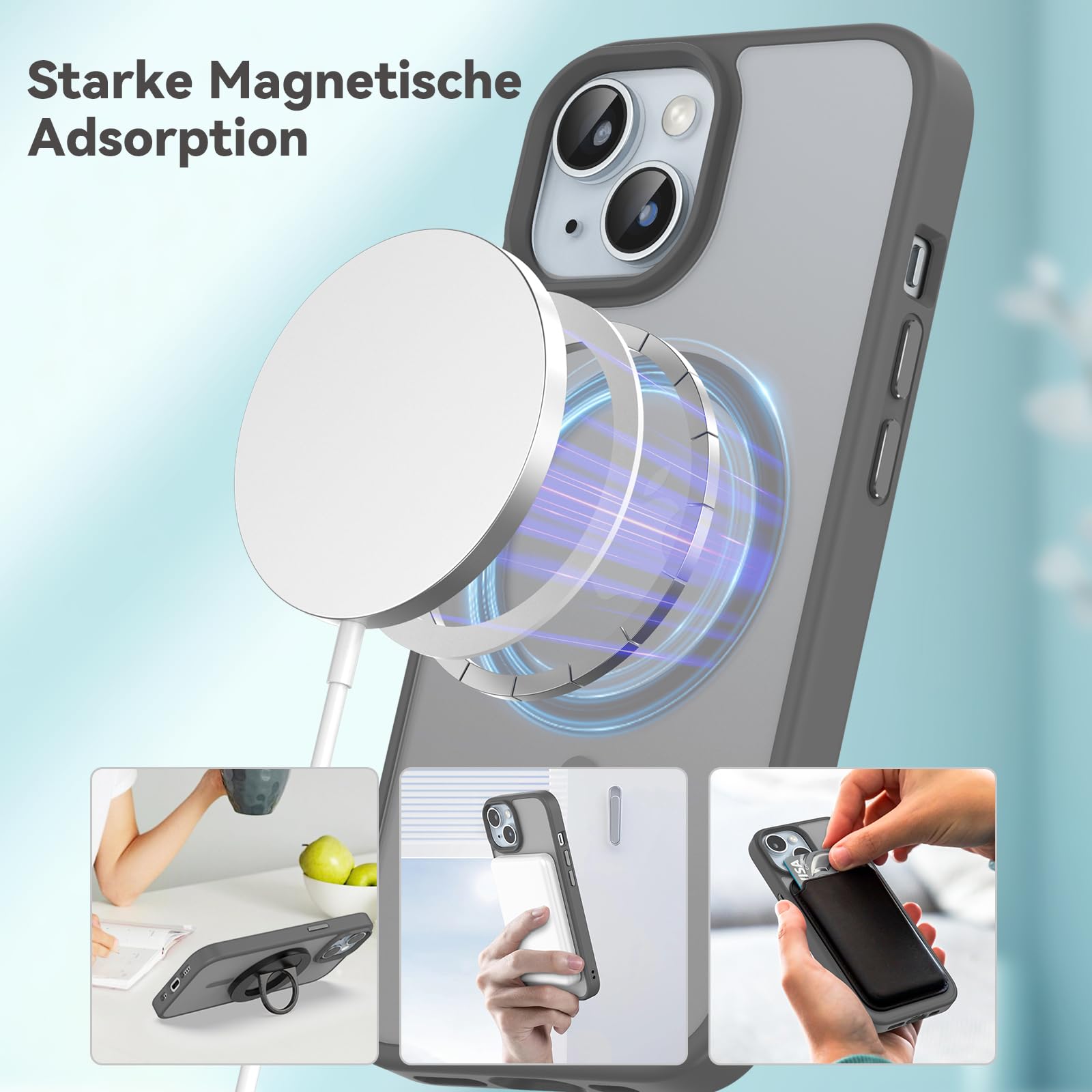 Natiiozie Magnetica Cover per iPhone 13/iPhone 14 Compatibile con MagSafe Custodia Traslucida Opaca Posteriore, Antiurto Anti-impronta Resistente ai Graffi Protettiva Case,Grigio