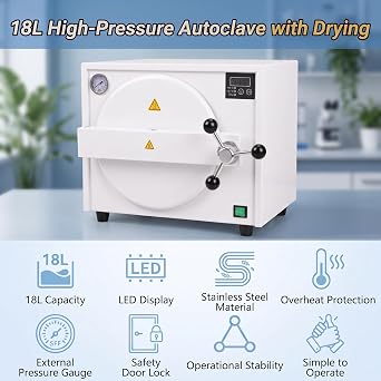 18L Upgraded Automatic Steam Sterilizer with Built-in Drying, 110V High Temperature steam Autoclave with LED Digital Display with Overheat Protection, Automatic Temperature Control