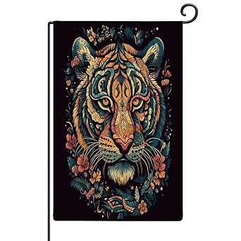 Tiger Chinoiserie Animal Stripe Colorful Garden Flags Vertical Double Sided Burlap Blue/Green Colorway Yard Flags Outdoor Patio Home Decor Printed Welcome Garden Flag 12x18 Inch