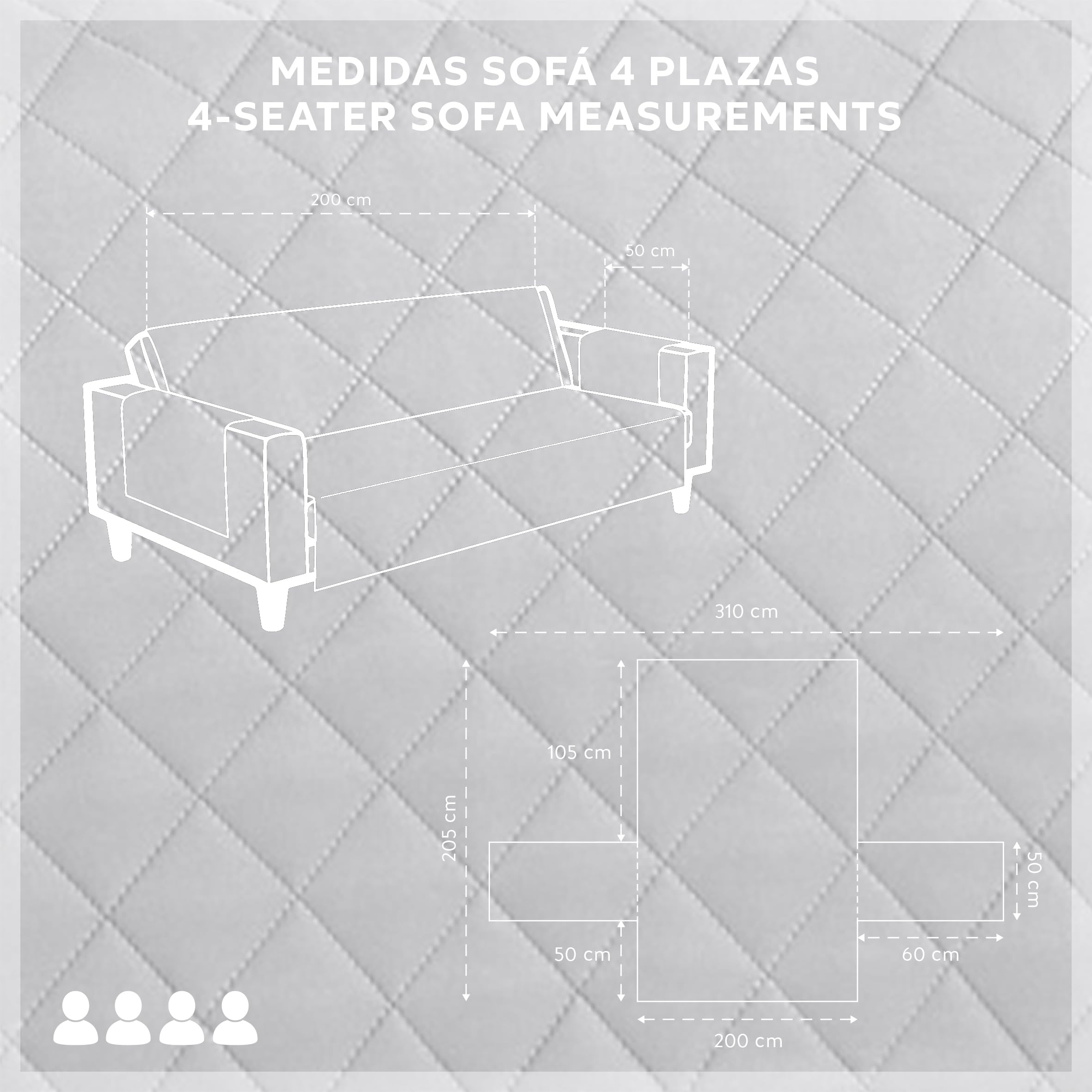 Textilhome Copridivano Malu 4 Posti (200cm) – Salvadivano Trapuntato Reversibile Universale, Protezione Antigraffio, Fodera Imbottita per Divano, Colore Grigio Chiaro