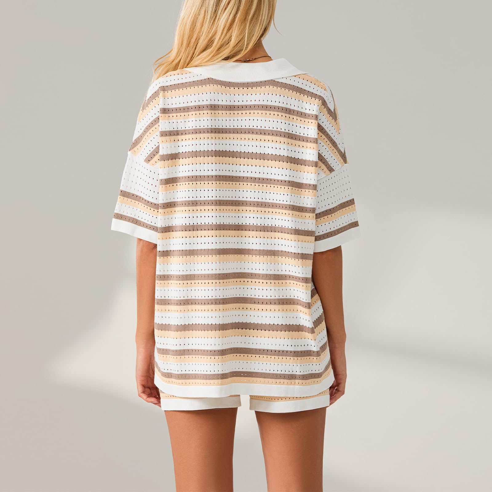 Gestreifte Damen-Sets, Sommer-Outfits, kurzärmelig, Knopfhemden, Oberteile und gestrickte Shorts, passende Lounge-Sets, Mode, Y2K Streetwear