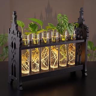 Gothic Plant Propagation Station with LED, 6 Glass Tube Terrarium | USB Powered Hydroponic Planter, Wooden Plant Holder for Indoor Plants, Home Decor, Gift for Plant Lovers
