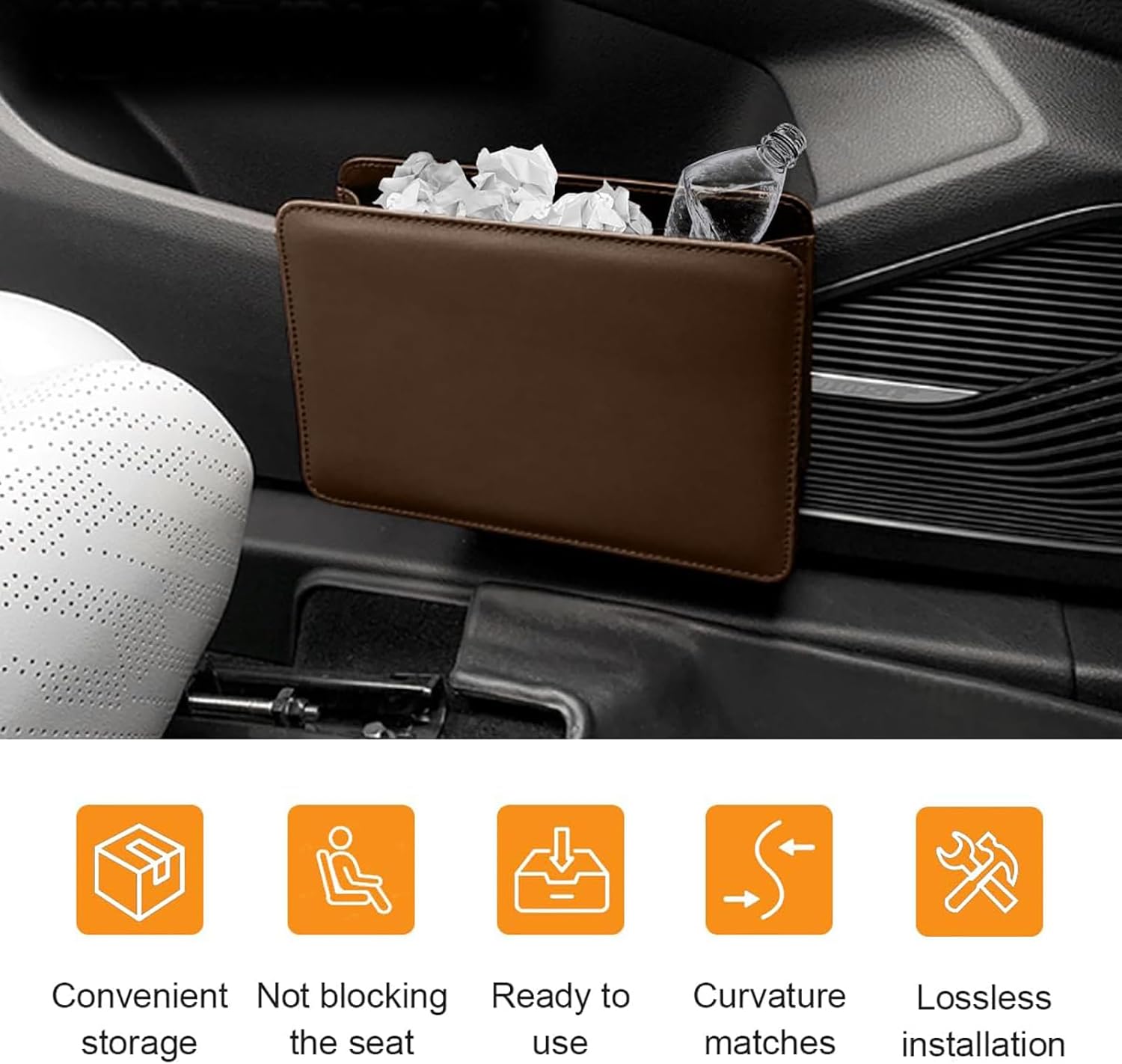 2 Pack Car Leather Trash Can for Skoda Yeti Fabia Superbe, Automotive Garbage Cans Foldable Multi-Function Dustbin Storage Bag Container Hanging Mini Trash Can Interior Accessories, C/Brown