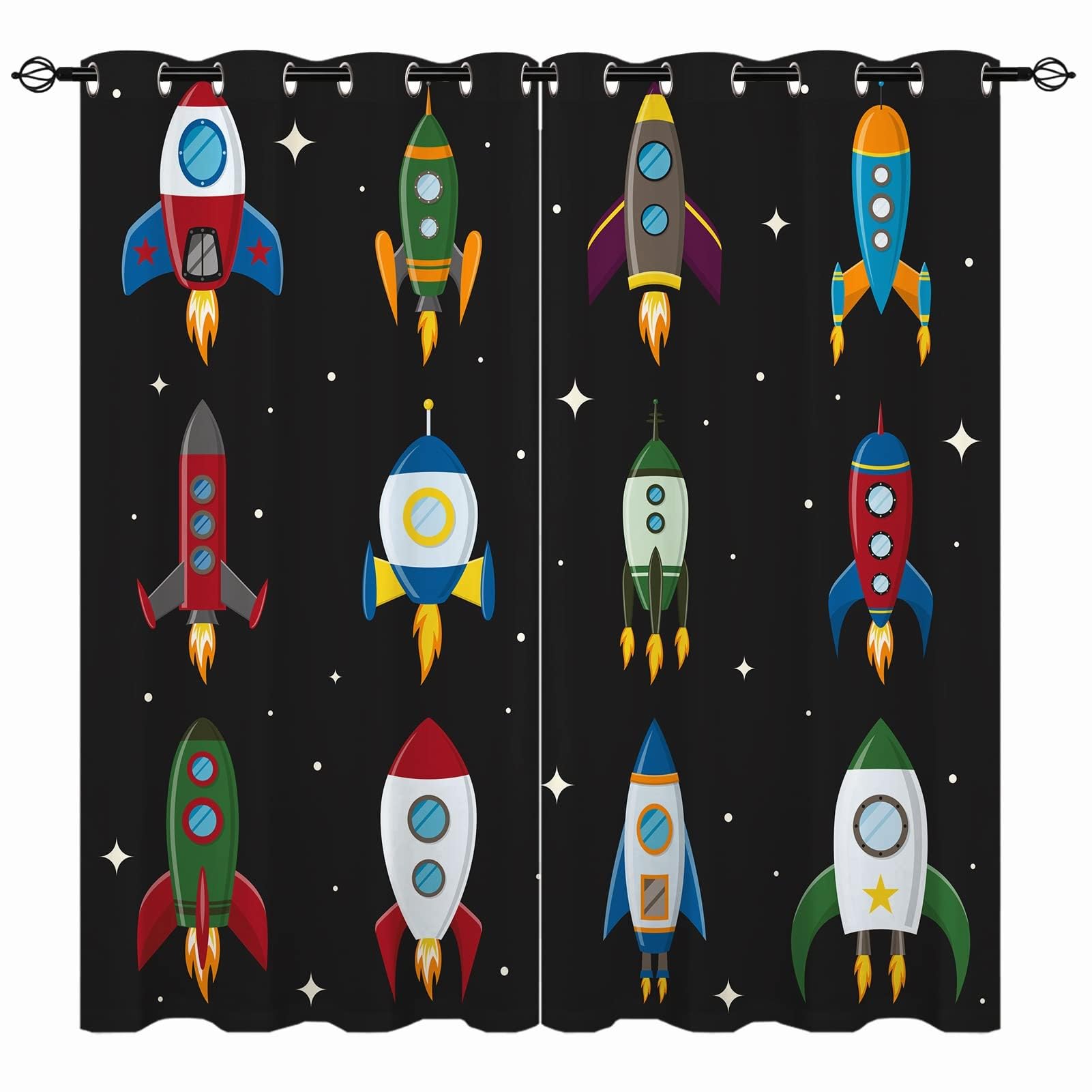 YUANZU Kids Space Curtains - Boys Retro Cosmic Rocket Ship Outer Space Star Print Pattern Eyelet Blackout Thermal Insulated & Room Darkening Window Drapes for Nursery Bedroom 2 Panels W75cm x D166cm โ image 1
