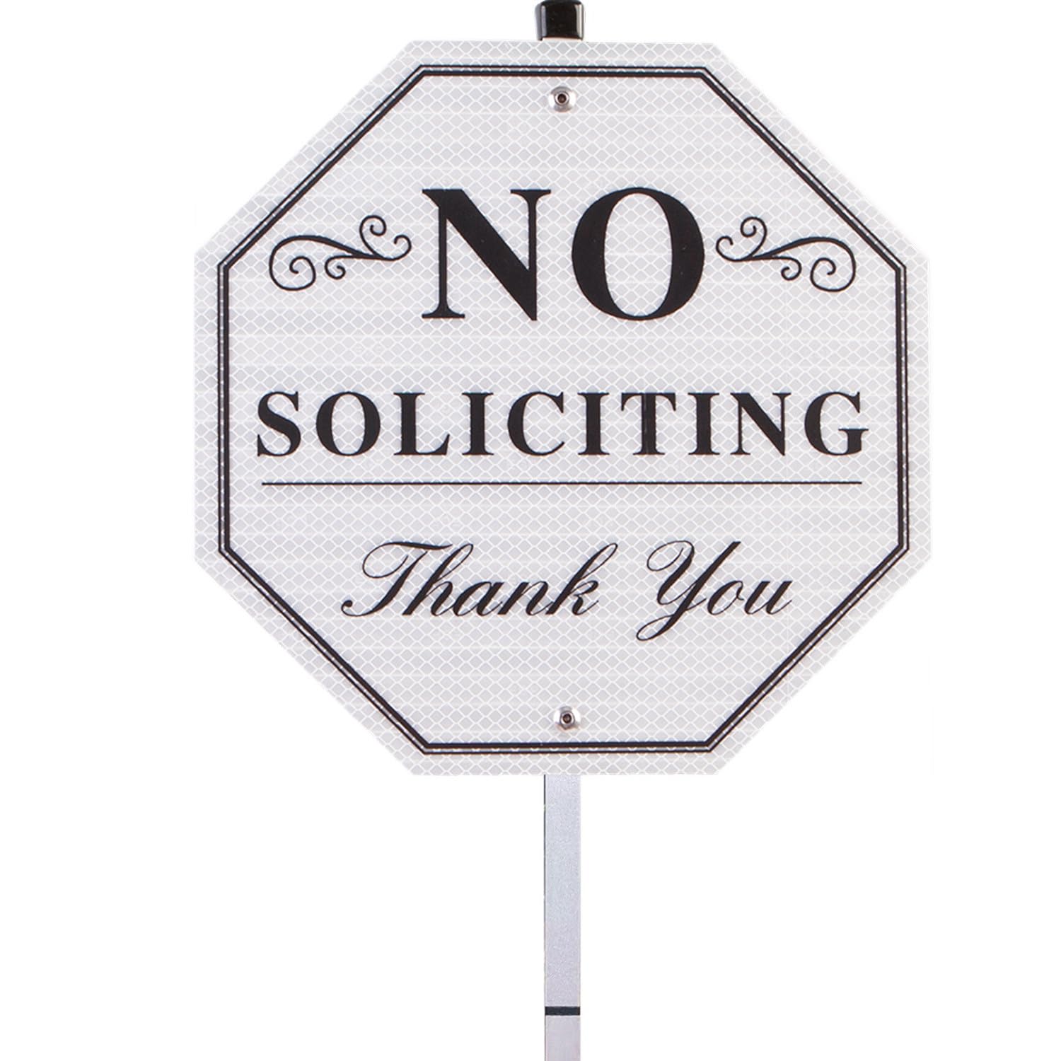 Photo 1 of HEIOKEY Honeycomb Reflective No Soliciting Sign for Yard with 28 Inches Stake, 10 x 10 Inches No Soliciting Thank You Sign with Post, No Solicitors Aluminum Yard Sign for House Lawn Business (White)
