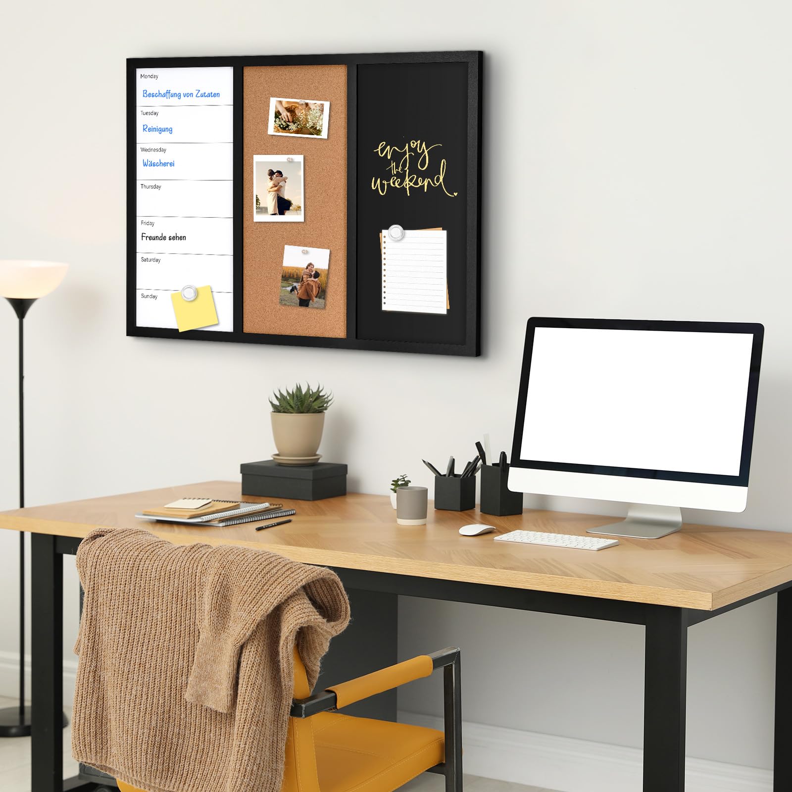 Kombitafel mit Magnetische Kreidetafel Whiteboard Kalender und Pinnwand Kork 50 x 70 cm Pinnwand Küche Magnettafel Memoboard