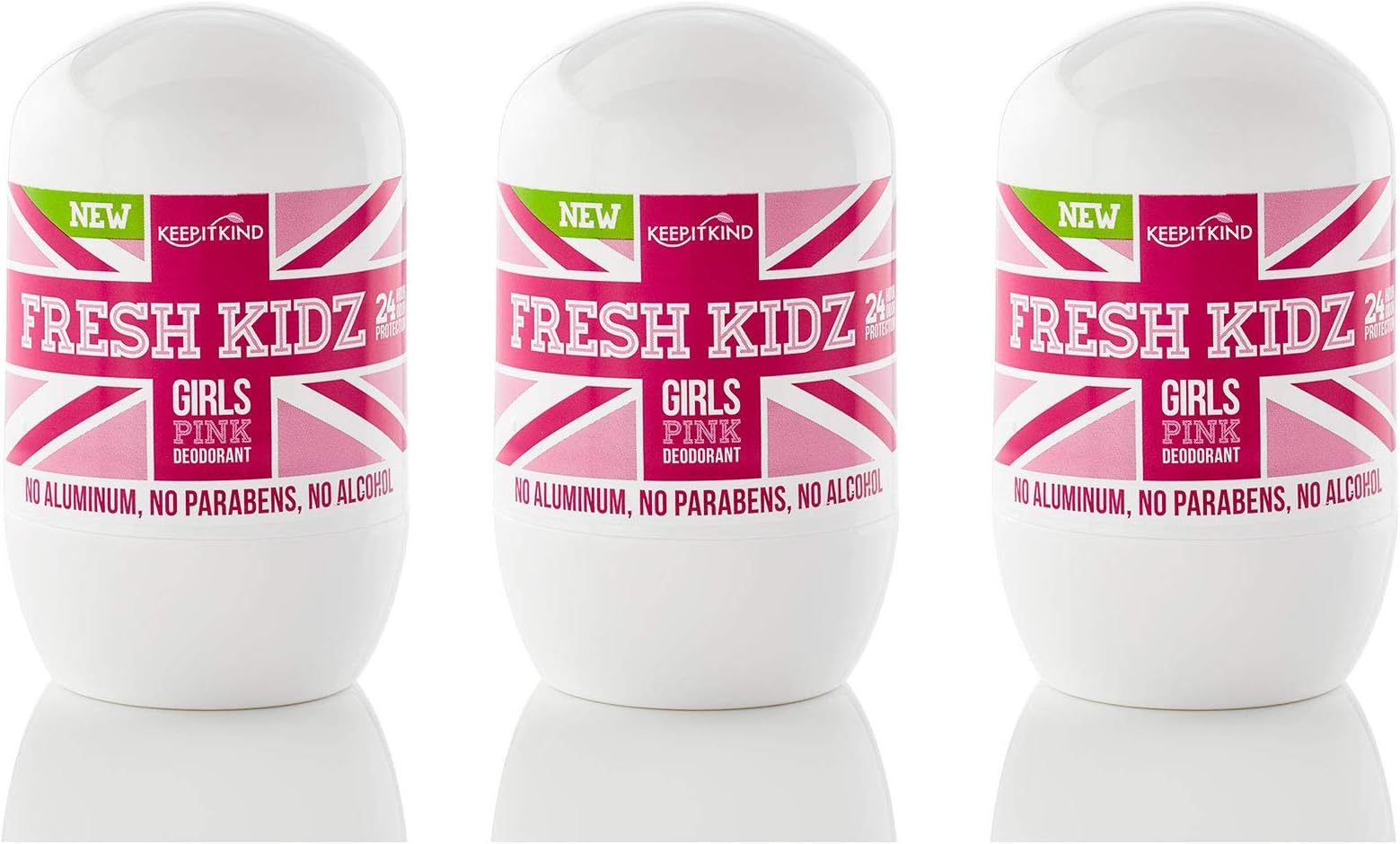 Fresh Kidz Roll On Deodorant for Kids and Teens - Baking Soda and Aluminum-free 24 Hour Protection for Sensitive Skin - Girls "Pink" 1.86 fl.oz. (3 Pack)