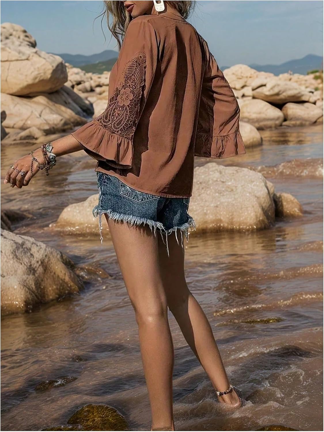 Floerns Women's Plus Size Hollow Out Flounce Sleeve Tops V Neck Dressy Casual Outfits - Image 2