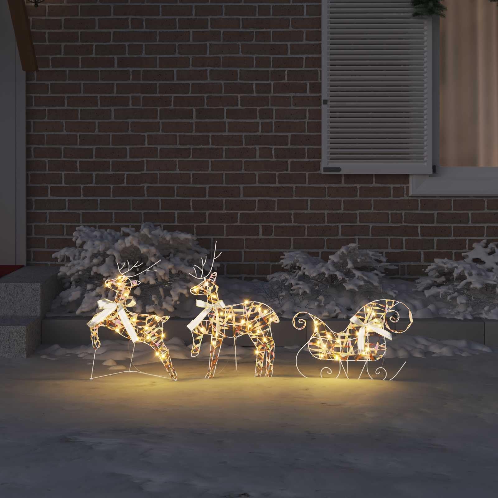 LED Rentiere mit 60 LEDs warmes Weiß PET, 3-teiliges Set mit Schlitten, 44x18x65,5 cm, dekorative Weihnachtsfiguren für Wohnzimmer, Terrasse, Art-Deco-Stil, USB betrieben, wetterfest