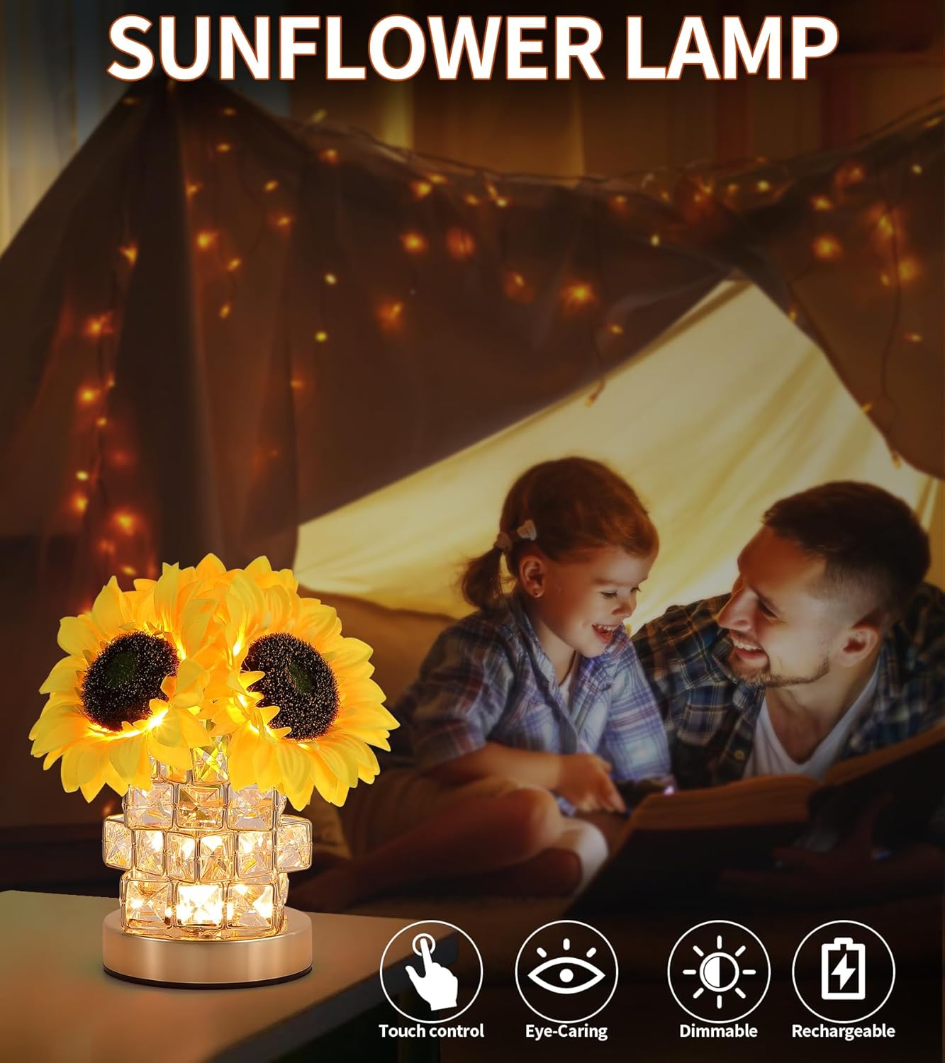 AIHYING Sunflowers Flower Lamp,Rechargeable Cordless Touch Lamp,3-Colour Infinitely Dimming Small Night Light,Crystal Table Lamp,Christmas/Mother's Day/Birthday Gifts for Women,Home Decor.