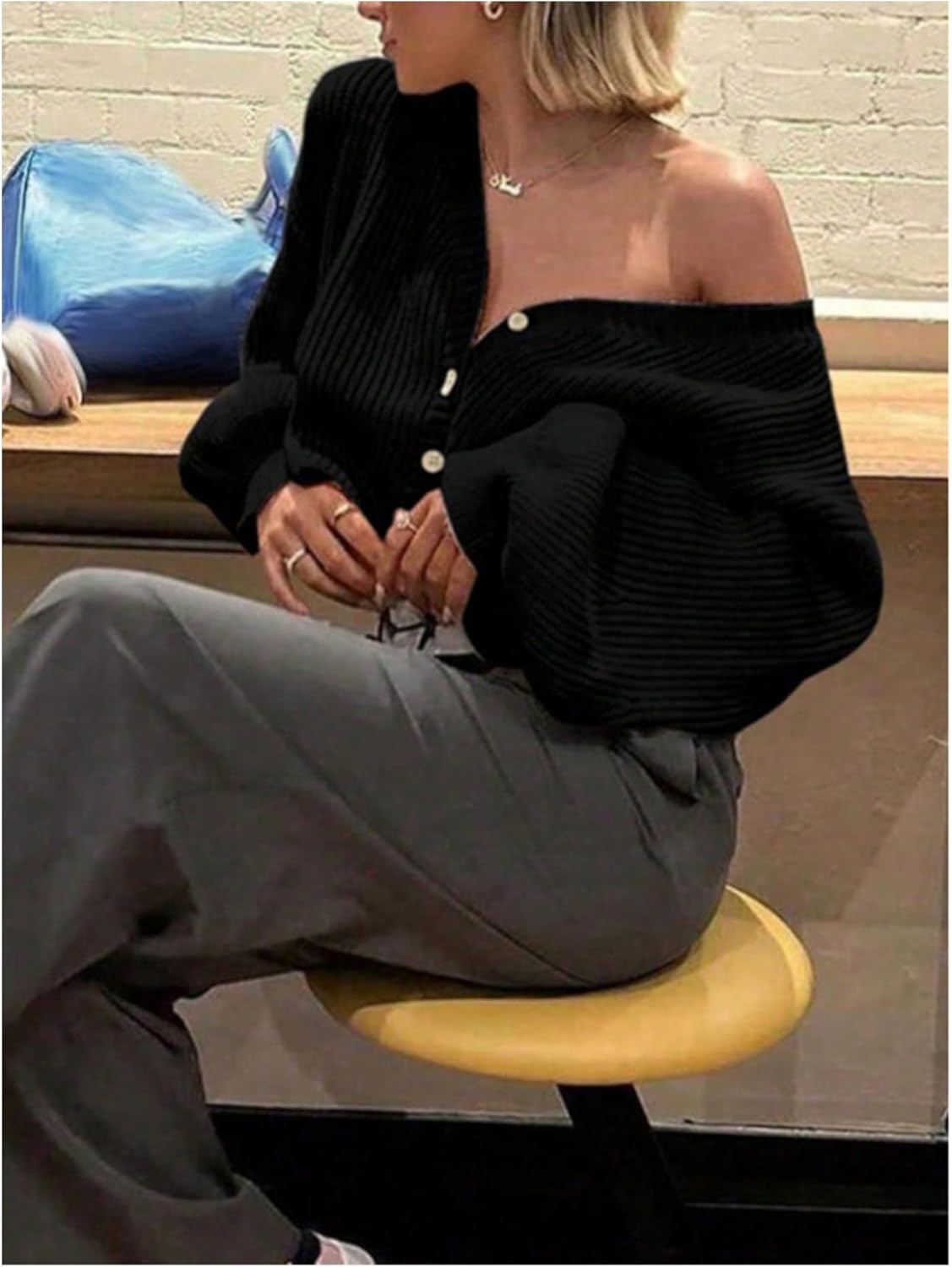 WDIRARA Women's Open Front Cardigans Long Lantern Sleeve Oversized Knit Outerwear - Image 5