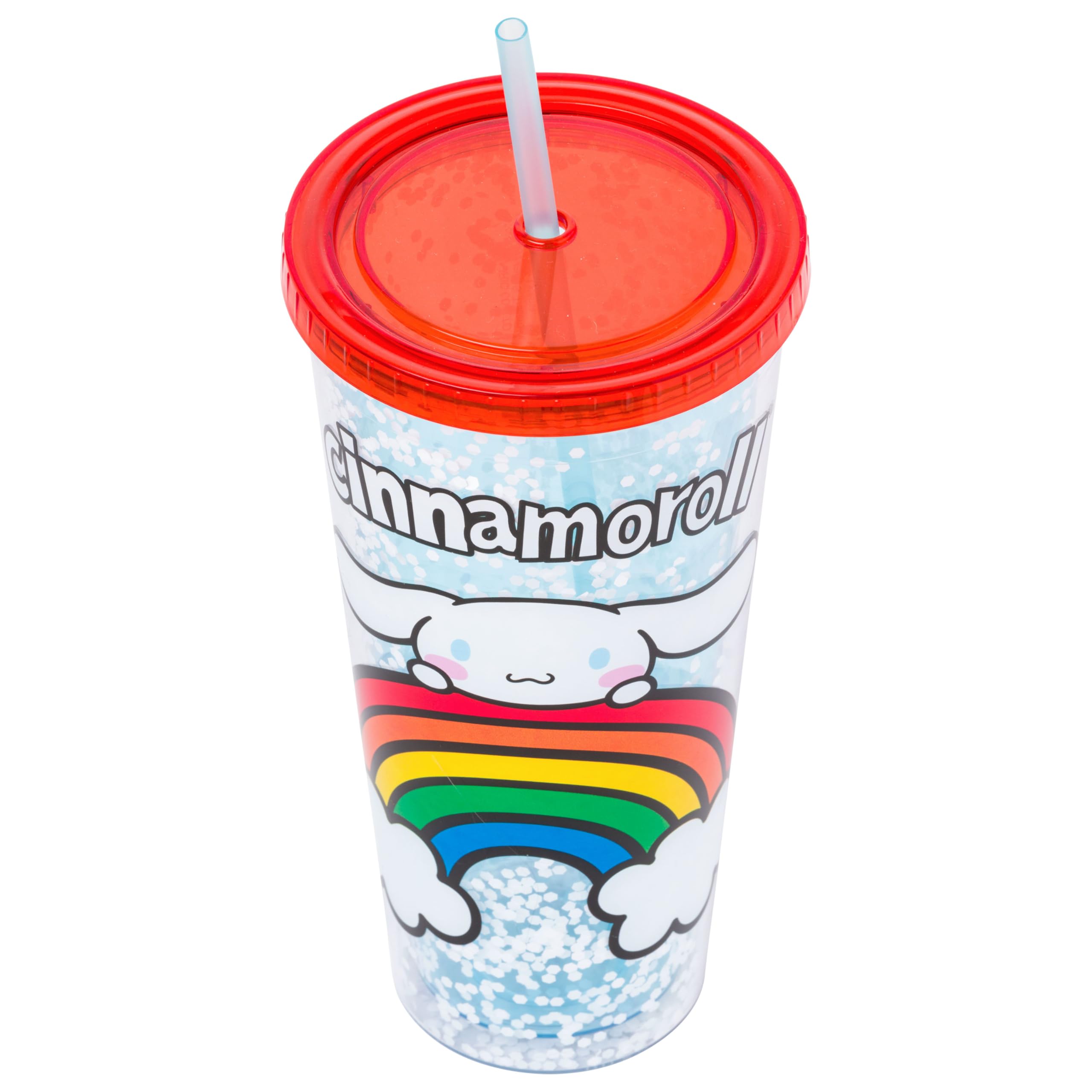 Silver Buffalo Sanrio Hello Kitty and Friends Cinnamoroll Rainbow Kunststoff-Konfetti-Becher mit Deckel und Strohhalm, 907 ml