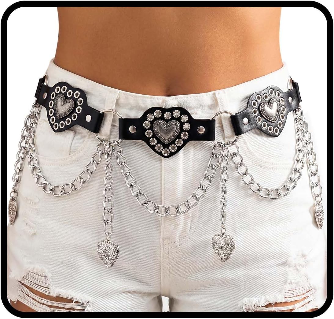 ELABEST Gothic Leather Waist Chain Belt Y2K Heart Charm Chains Tassel Jewelry for Women