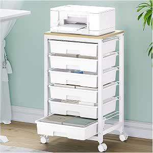 Rolling Storage Utility Cart with 6 Drawers and Wooden Tabletop for Under Desk Storage, White