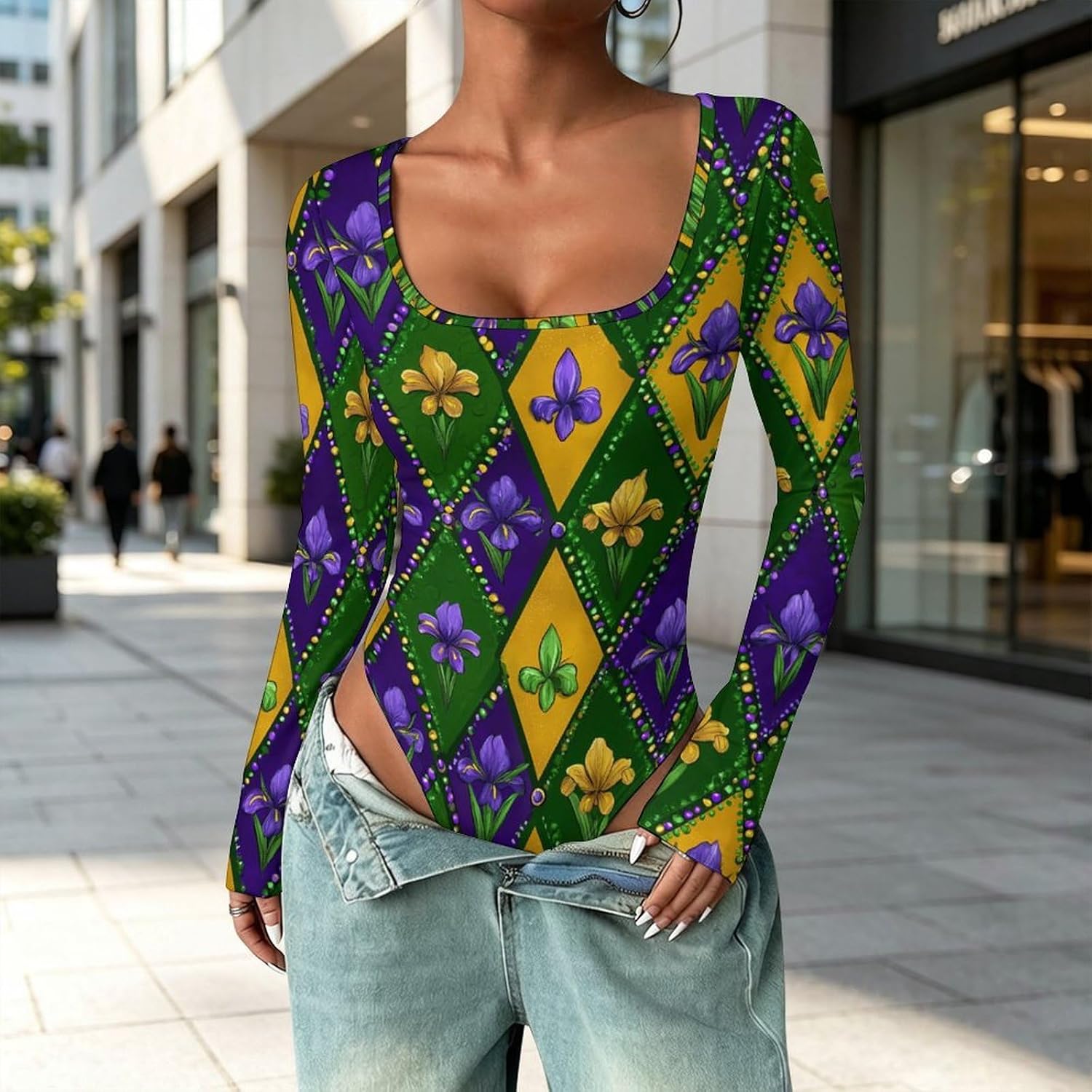 Mardi And Gras Fleur-De-Lis Women's Bodysuits Long Sleeve Top 5XL