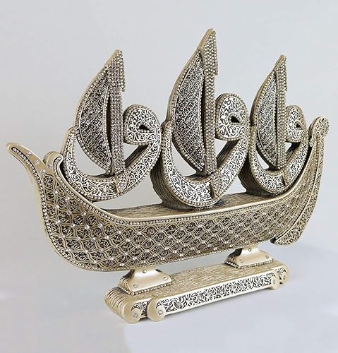 Miniatura 3 de Modefa Decoración de mesa islámica turca esculptura de regalo Figura árabe Waw Velero 99 nombres de Allah (dorado)